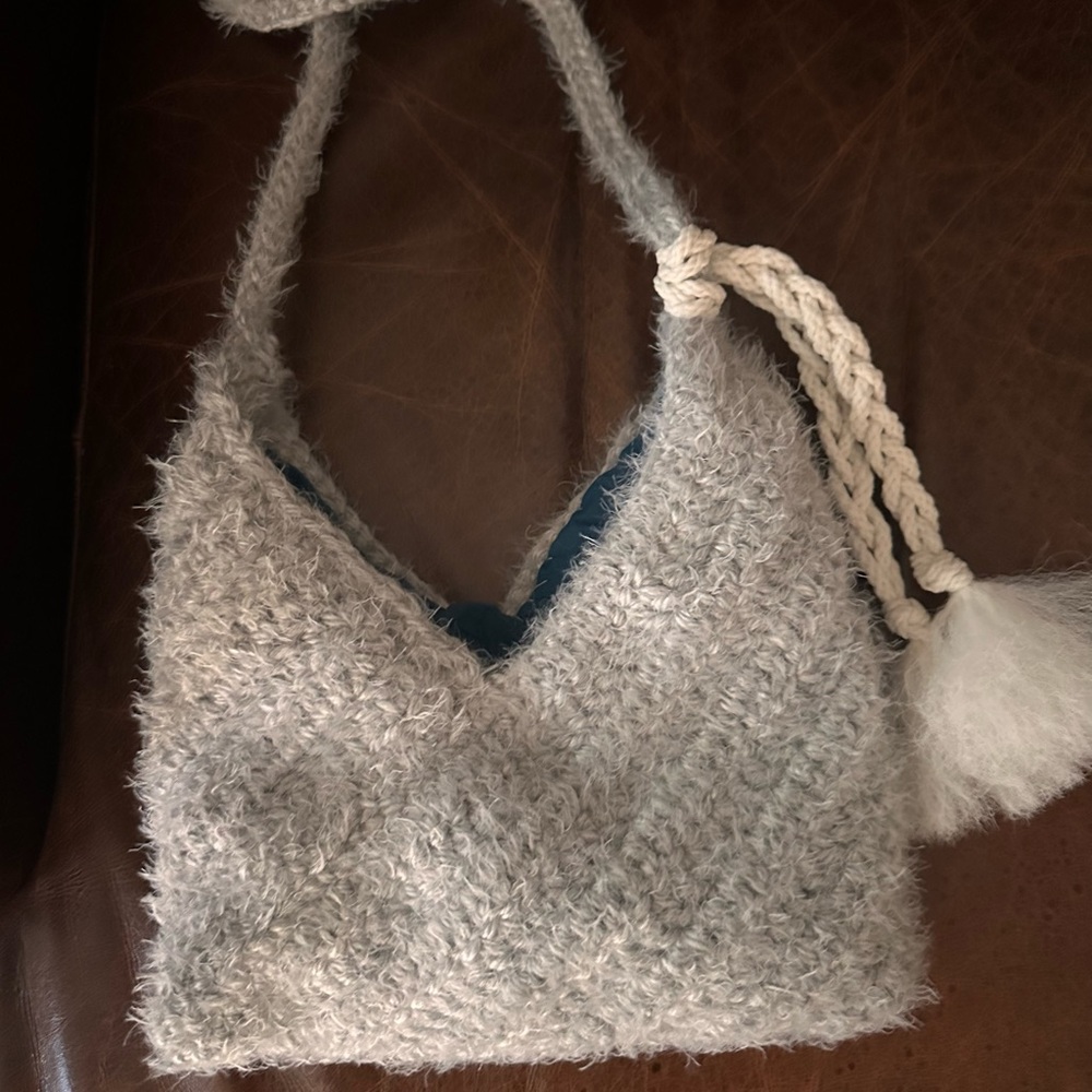 Hand crafted knit crochet boho style purse silver gray handbag